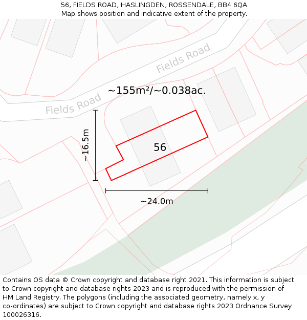 56, FIELDS ROAD, HASLINGDEN, ROSSENDALE, BB4 6QA: Plot and title map