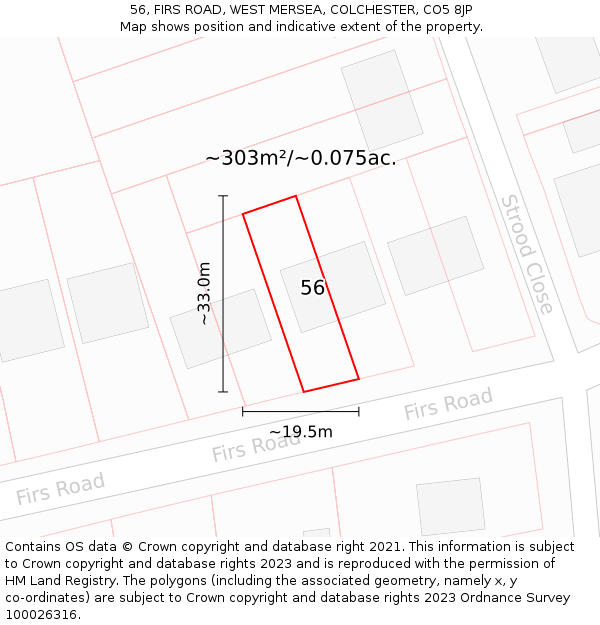 56, FIRS ROAD, WEST MERSEA, COLCHESTER, CO5 8JP: Plot and title map