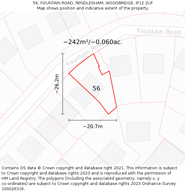 56, FOUNTAIN ROAD, RENDLESHAM, WOODBRIDGE, IP12 2UF: Plot and title map