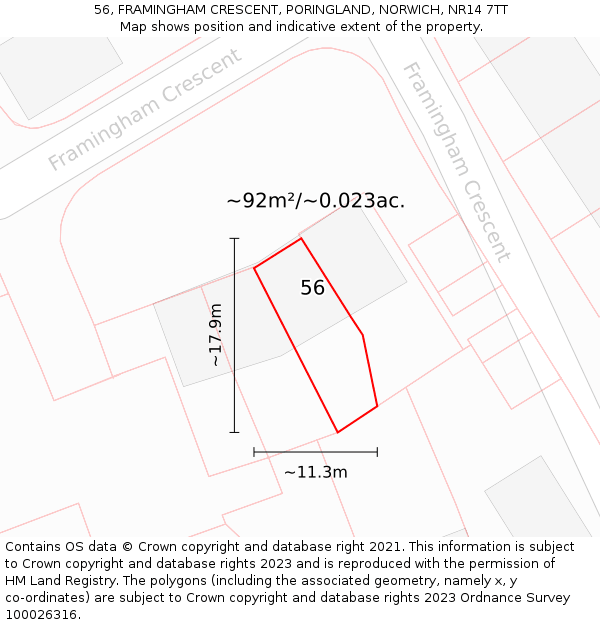 56, FRAMINGHAM CRESCENT, PORINGLAND, NORWICH, NR14 7TT: Plot and title map