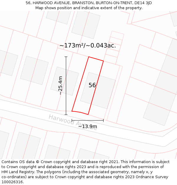 56, HARWOOD AVENUE, BRANSTON, BURTON-ON-TRENT, DE14 3JD: Plot and title map