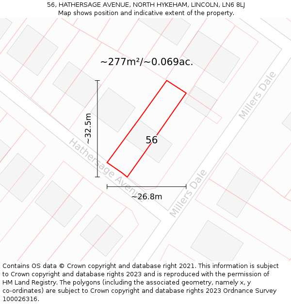 56, HATHERSAGE AVENUE, NORTH HYKEHAM, LINCOLN, LN6 8LJ: Plot and title map