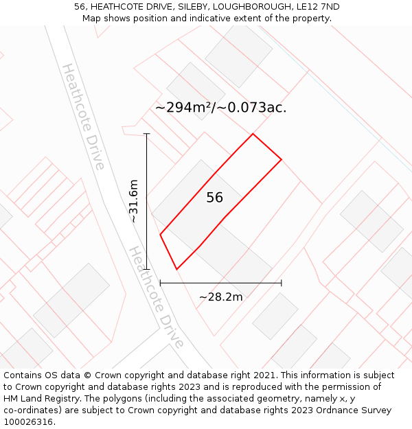 56, HEATHCOTE DRIVE, SILEBY, LOUGHBOROUGH, LE12 7ND: Plot and title map