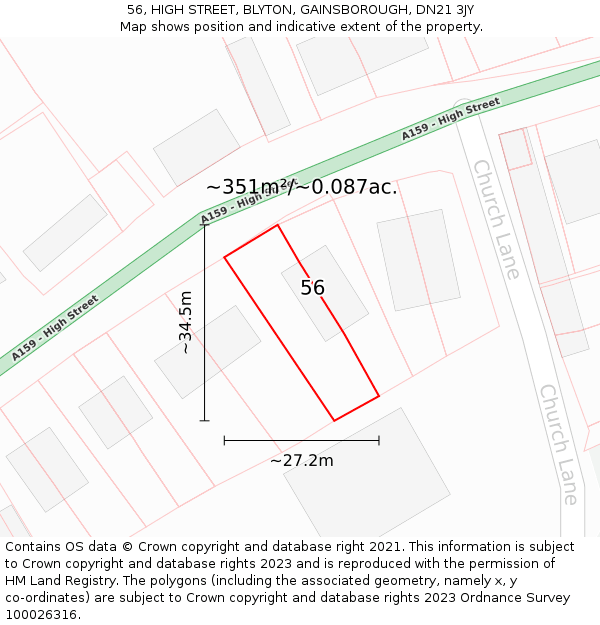 56, HIGH STREET, BLYTON, GAINSBOROUGH, DN21 3JY: Plot and title map