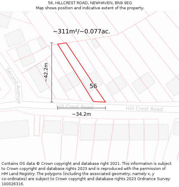 56, HILLCREST ROAD, NEWHAVEN, BN9 9EG: Plot and title map