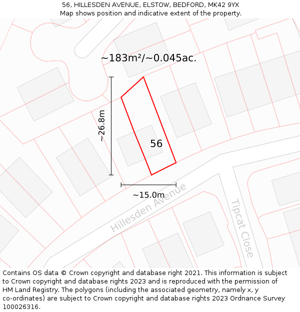 56, HILLESDEN AVENUE, ELSTOW, BEDFORD, MK42 9YX: Plot and title map