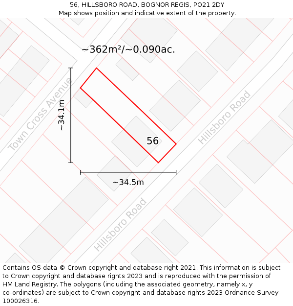 56, HILLSBORO ROAD, BOGNOR REGIS, PO21 2DY: Plot and title map