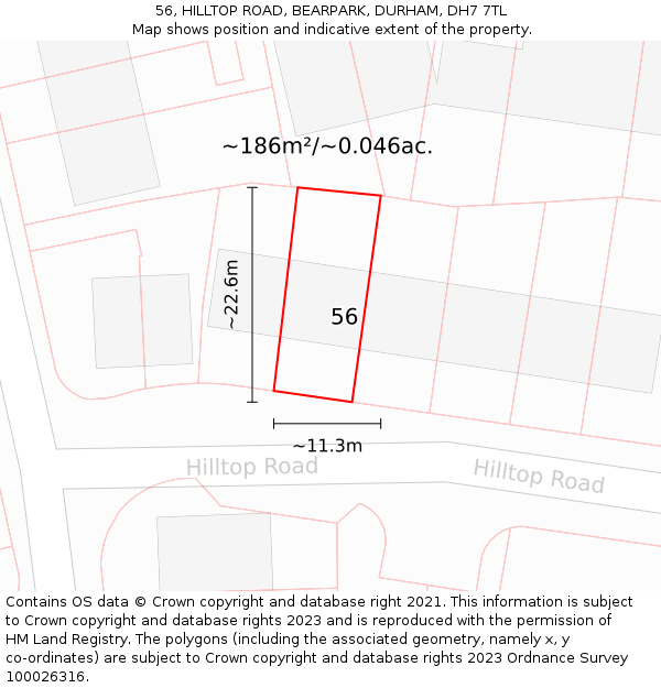 56, HILLTOP ROAD, BEARPARK, DURHAM, DH7 7TL: Plot and title map