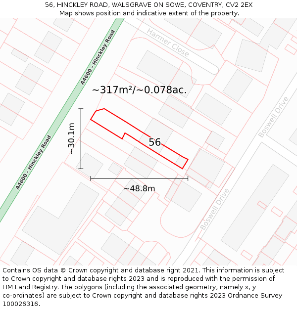 56, HINCKLEY ROAD, WALSGRAVE ON SOWE, COVENTRY, CV2 2EX: Plot and title map