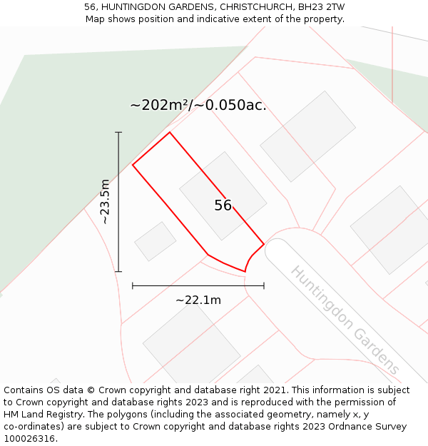 56, HUNTINGDON GARDENS, CHRISTCHURCH, BH23 2TW: Plot and title map