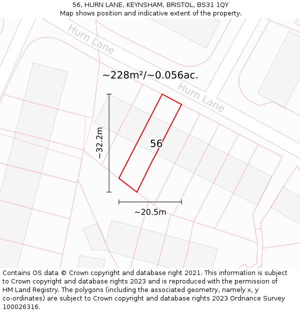 56, HURN LANE, KEYNSHAM, BRISTOL, BS31 1QY: Plot and title map