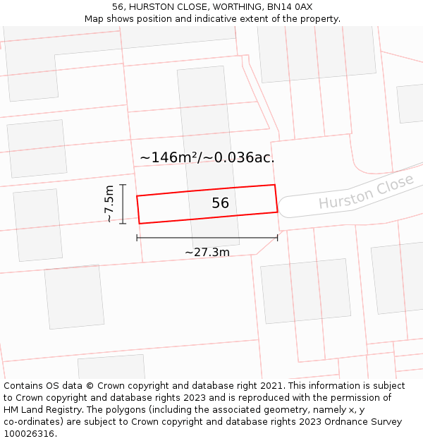 56, HURSTON CLOSE, WORTHING, BN14 0AX: Plot and title map