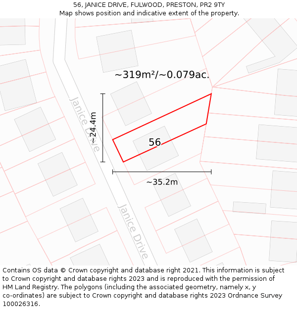 56, JANICE DRIVE, FULWOOD, PRESTON, PR2 9TY: Plot and title map