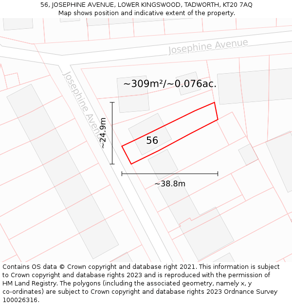 56, JOSEPHINE AVENUE, LOWER KINGSWOOD, TADWORTH, KT20 7AQ: Plot and title map