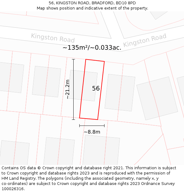 56, KINGSTON ROAD, BRADFORD, BD10 8PD: Plot and title map