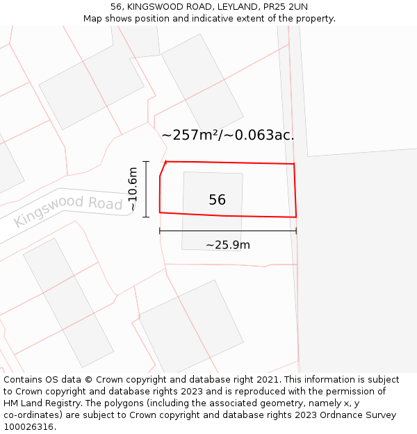 56, KINGSWOOD ROAD, LEYLAND, PR25 2UN: Plot and title map