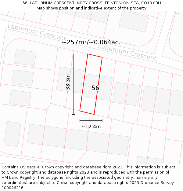 56, LABURNUM CRESCENT, KIRBY CROSS, FRINTON-ON-SEA, CO13 0RH: Plot and title map