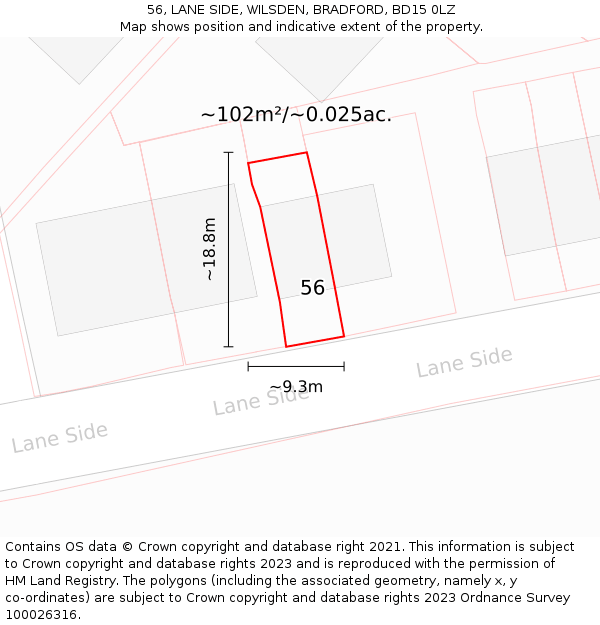 56, LANE SIDE, WILSDEN, BRADFORD, BD15 0LZ: Plot and title map