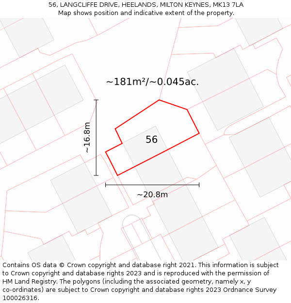 56, LANGCLIFFE DRIVE, HEELANDS, MILTON KEYNES, MK13 7LA: Plot and title map