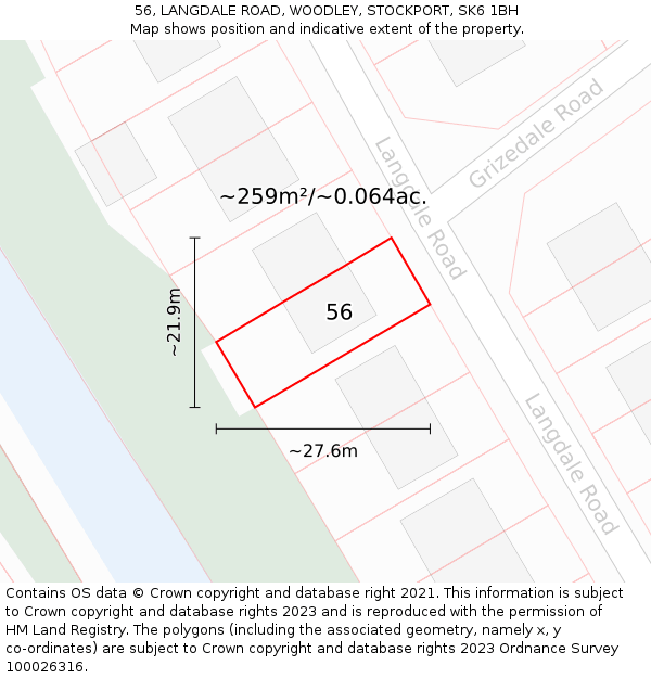 56, LANGDALE ROAD, WOODLEY, STOCKPORT, SK6 1BH: Plot and title map