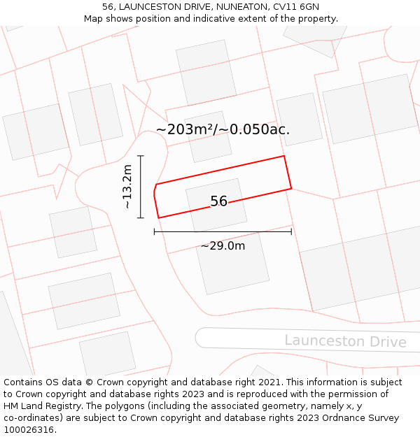 56, LAUNCESTON DRIVE, NUNEATON, CV11 6GN: Plot and title map