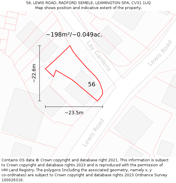 56, LEWIS ROAD, RADFORD SEMELE, LEAMINGTON SPA, CV31 1UQ: Plot and title map