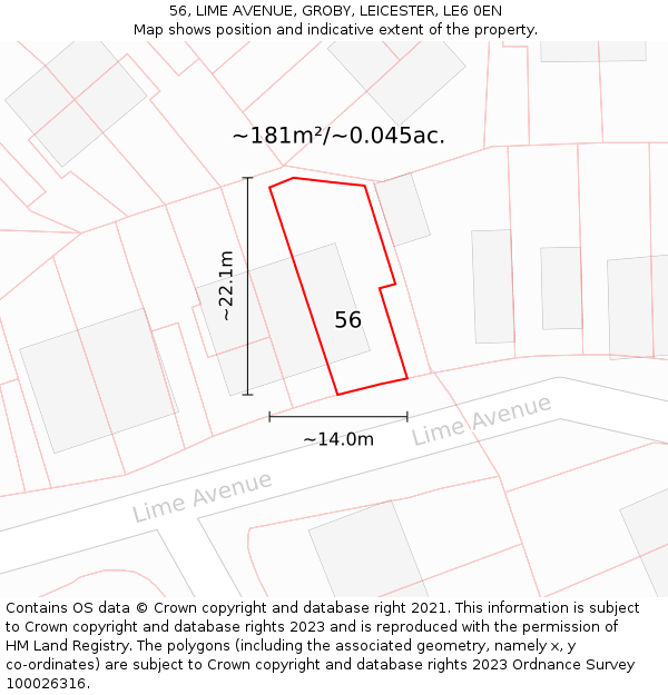 56, LIME AVENUE, GROBY, LEICESTER, LE6 0EN: Plot and title map