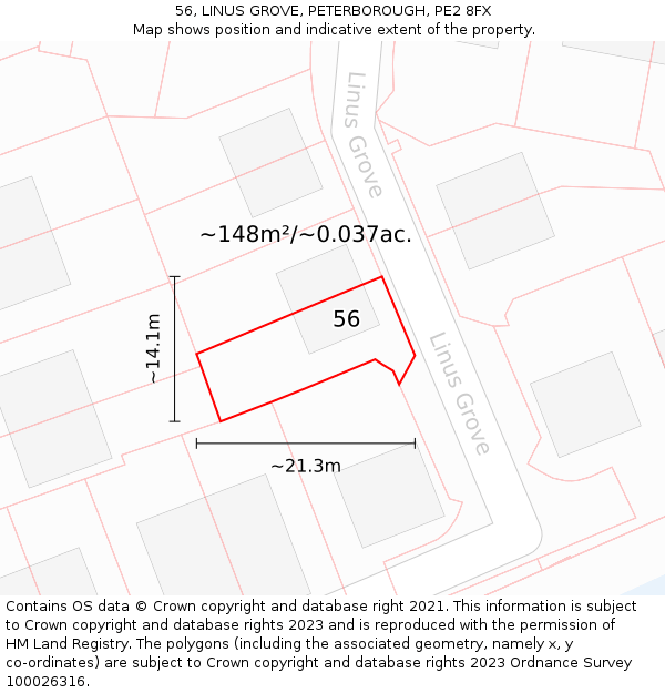 56, LINUS GROVE, PETERBOROUGH, PE2 8FX: Plot and title map