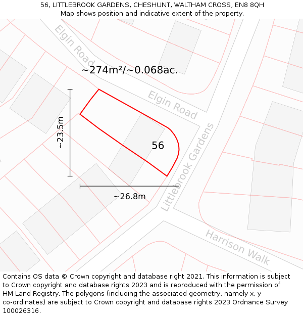 56, LITTLEBROOK GARDENS, CHESHUNT, WALTHAM CROSS, EN8 8QH: Plot and title map