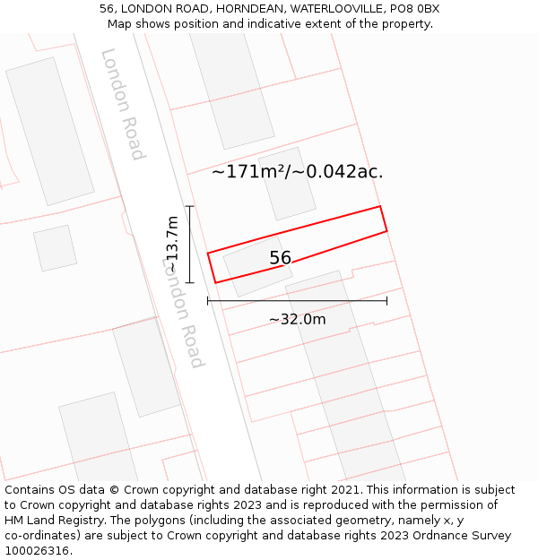 56, LONDON ROAD, HORNDEAN, WATERLOOVILLE, PO8 0BX: Plot and title map