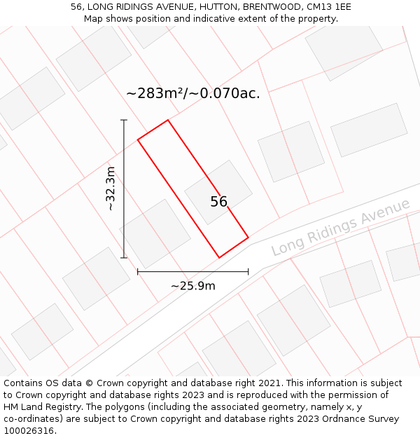 56, LONG RIDINGS AVENUE, HUTTON, BRENTWOOD, CM13 1EE: Plot and title map