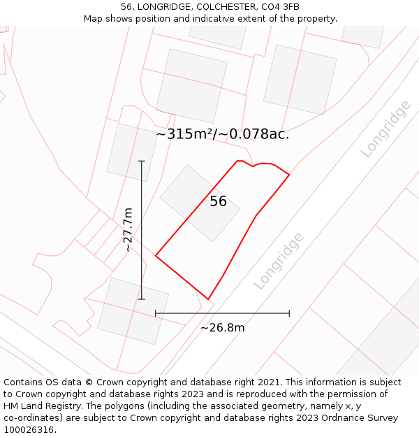 56, LONGRIDGE, COLCHESTER, CO4 3FB: Plot and title map