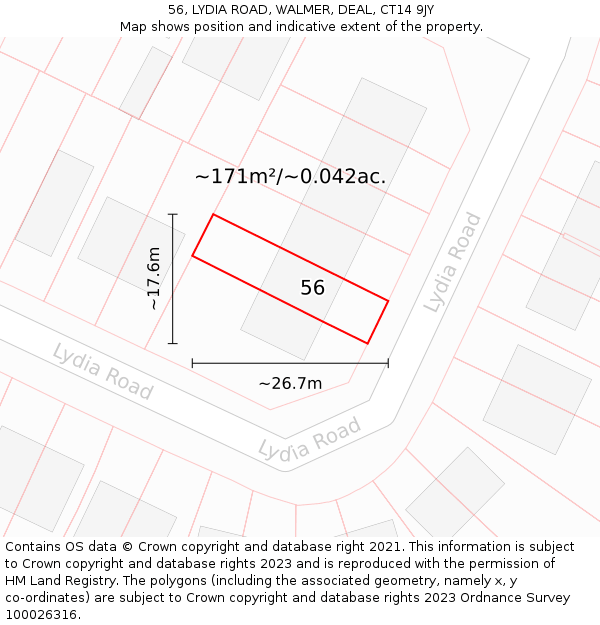 56, LYDIA ROAD, WALMER, DEAL, CT14 9JY: Plot and title map