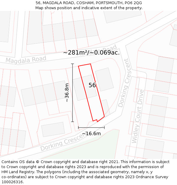 56, MAGDALA ROAD, COSHAM, PORTSMOUTH, PO6 2QG: Plot and title map