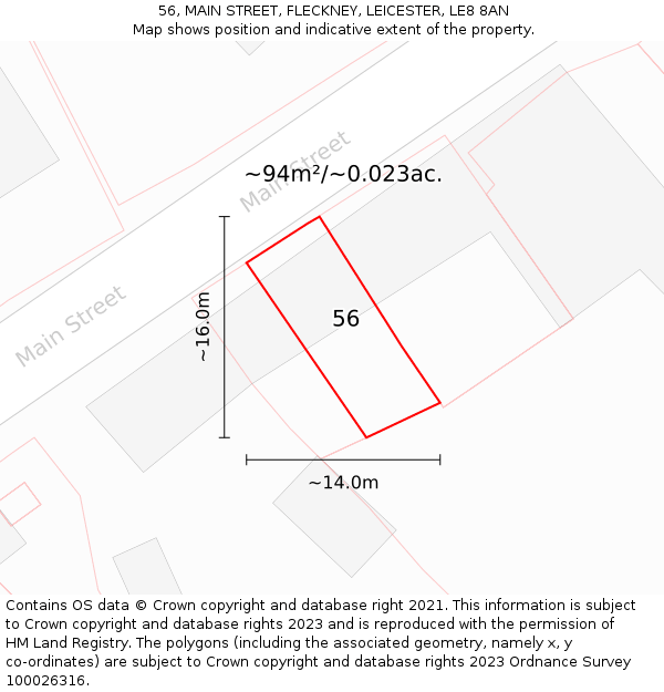 56, MAIN STREET, FLECKNEY, LEICESTER, LE8 8AN: Plot and title map