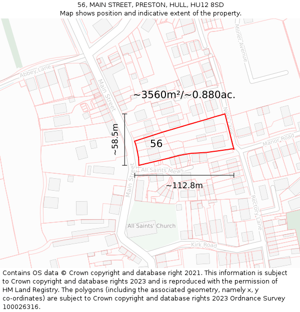 56, MAIN STREET, PRESTON, HULL, HU12 8SD: Plot and title map