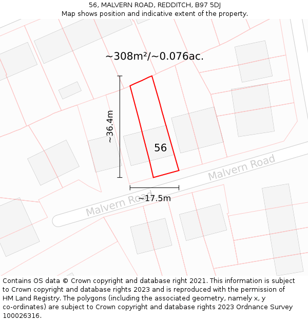 56, MALVERN ROAD, REDDITCH, B97 5DJ: Plot and title map