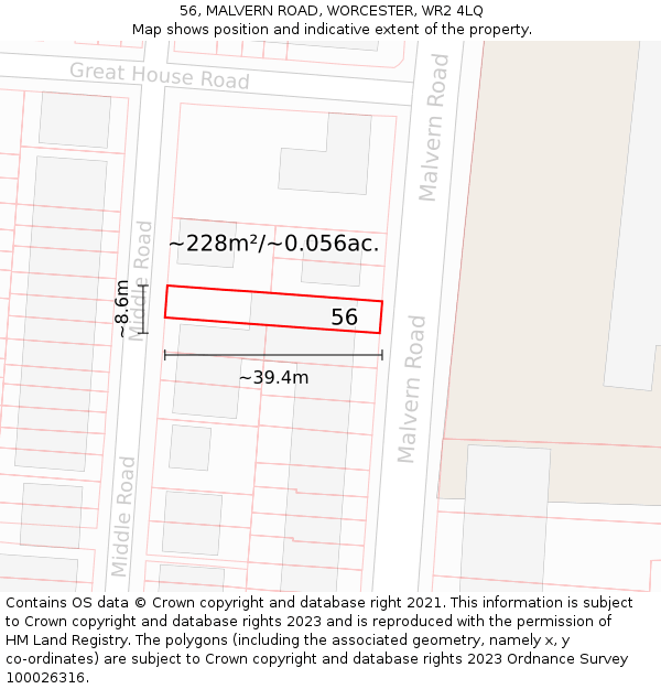 56, MALVERN ROAD, WORCESTER, WR2 4LQ: Plot and title map