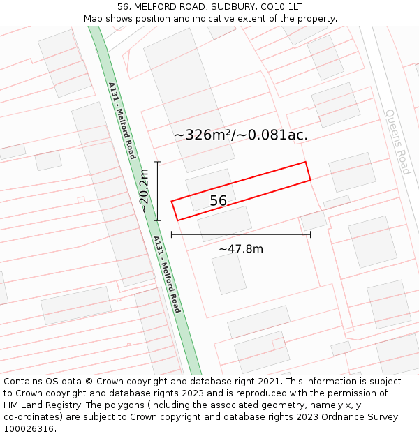 56, MELFORD ROAD, SUDBURY, CO10 1LT: Plot and title map