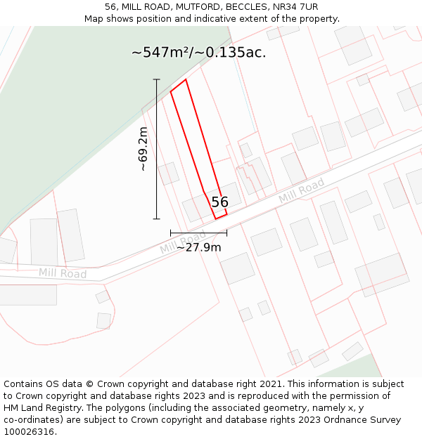 56, MILL ROAD, MUTFORD, BECCLES, NR34 7UR: Plot and title map