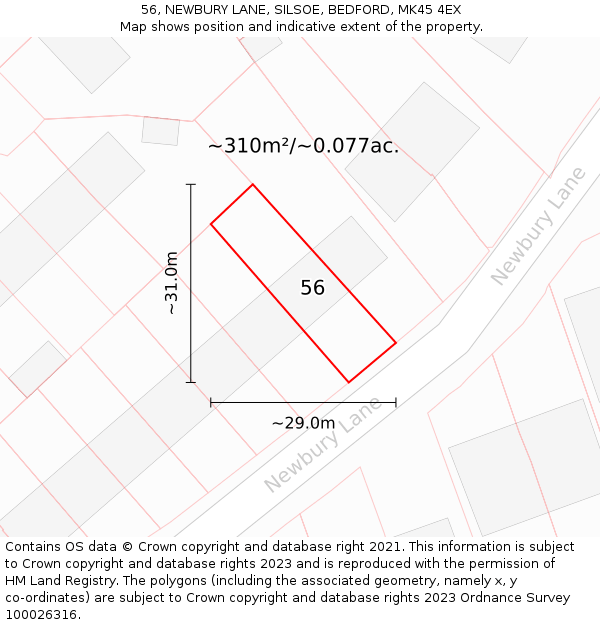 56, NEWBURY LANE, SILSOE, BEDFORD, MK45 4EX: Plot and title map