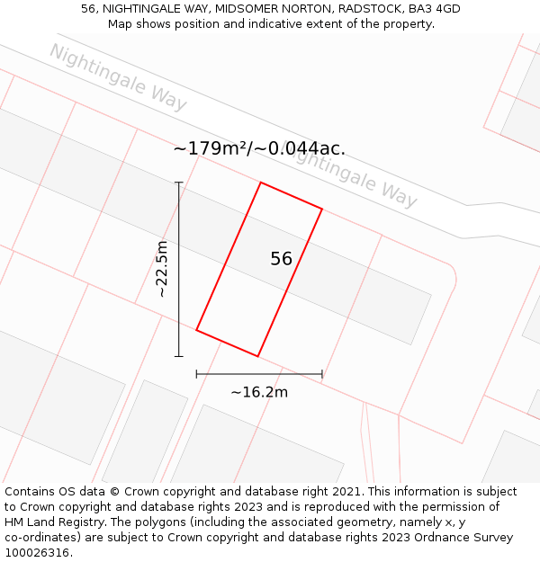 56, NIGHTINGALE WAY, MIDSOMER NORTON, RADSTOCK, BA3 4GD: Plot and title map