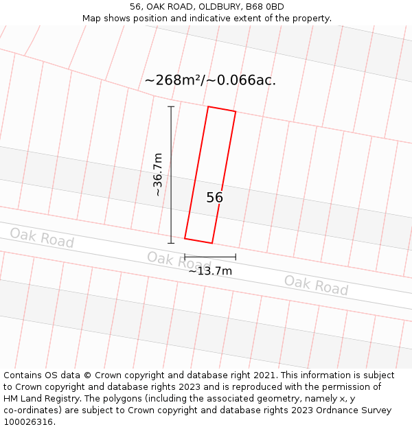 56, OAK ROAD, OLDBURY, B68 0BD: Plot and title map