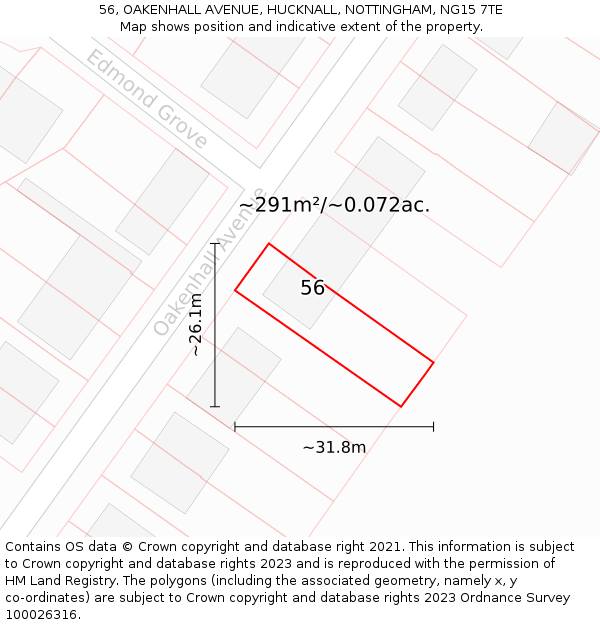 56, OAKENHALL AVENUE, HUCKNALL, NOTTINGHAM, NG15 7TE: Plot and title map