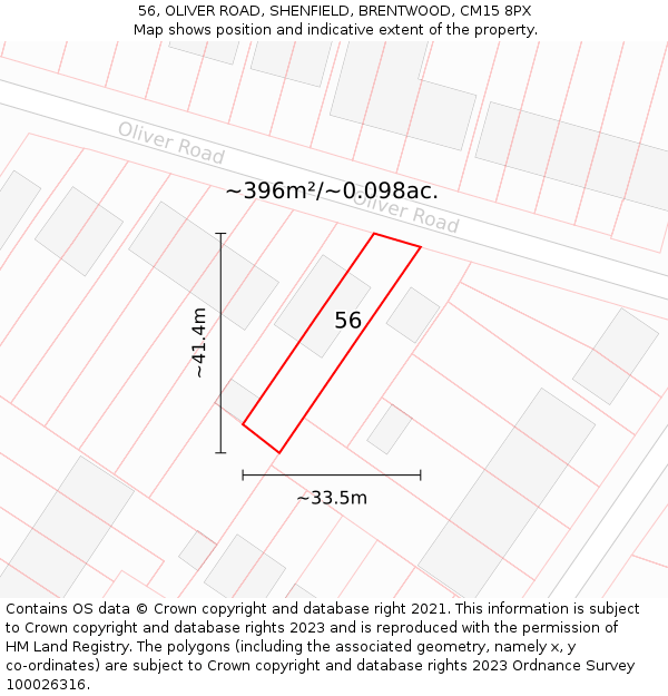 56, OLIVER ROAD, SHENFIELD, BRENTWOOD, CM15 8PX: Plot and title map