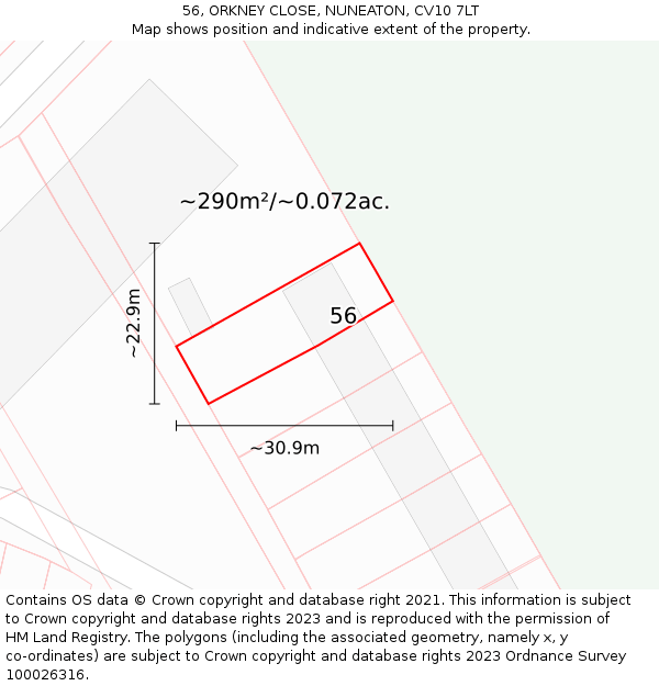 56, ORKNEY CLOSE, NUNEATON, CV10 7LT: Plot and title map