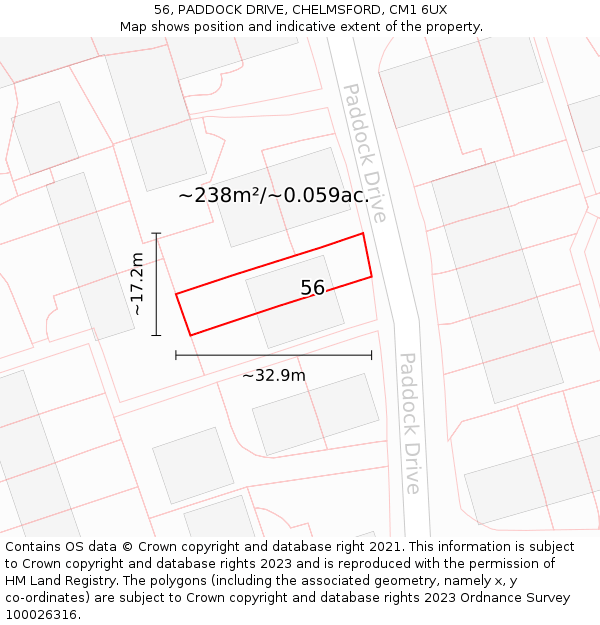 56, PADDOCK DRIVE, CHELMSFORD, CM1 6UX: Plot and title map