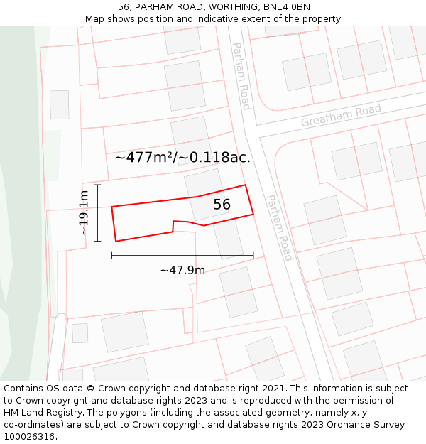 56, PARHAM ROAD, WORTHING, BN14 0BN: Plot and title map