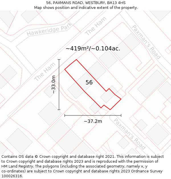 56, PAXMANS ROAD, WESTBURY, BA13 4HS: Plot and title map