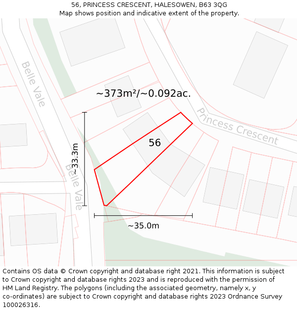 56, PRINCESS CRESCENT, HALESOWEN, B63 3QG: Plot and title map